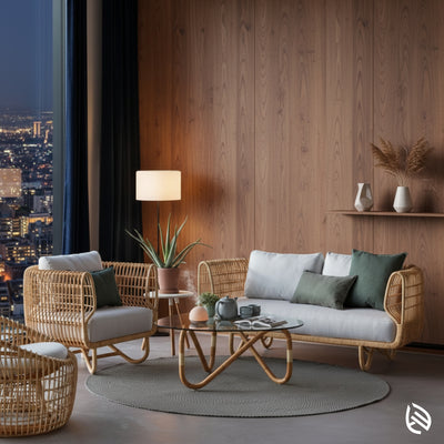 City-view lounge with Curved Rattan Sofa Set - rattan 3-seater and chair on round rug with glass coffee table.