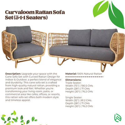 Specification sheet for Curved Rattan Sofa Set - 100% natural rattan; triple and single seater sizes shown with product images.