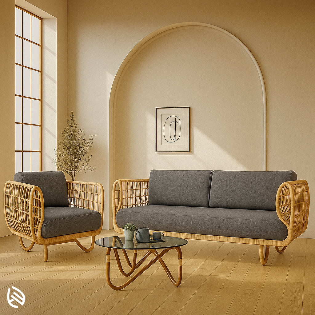Curved-frame natural rattan sofa set with dark grey cushions, includes a three-seater and single armchair for modern interiors