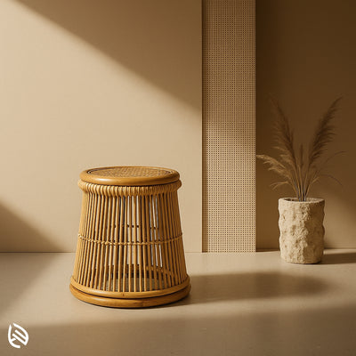 Conical natural rattan stool with vertical cane slats, perfect for minimal boho interiors