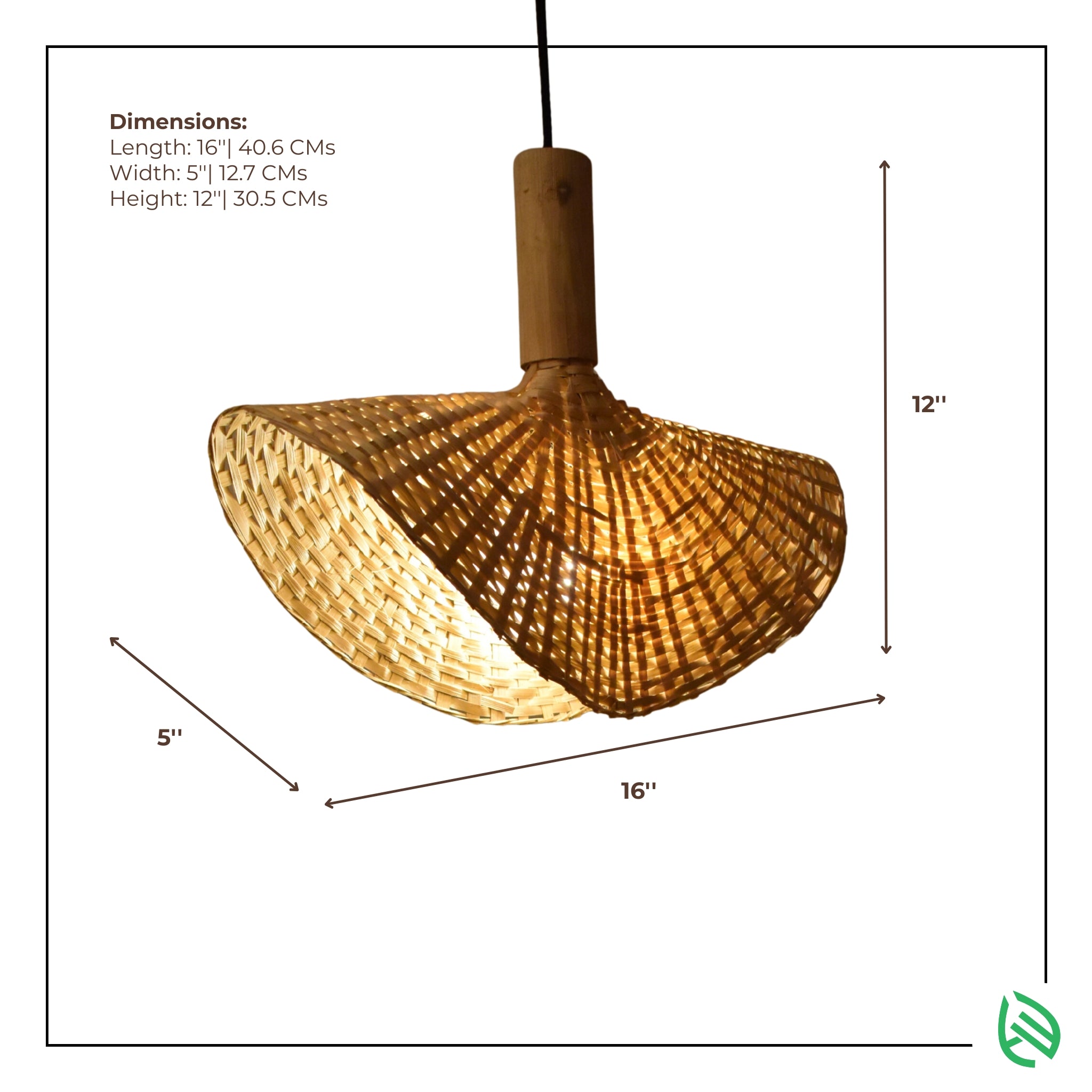 Dimensions graphic: 16 x 5 x 12 inches bamboo pendant