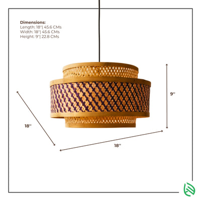 Dimensions graphic - Double Layer bamboo pendant 18 × 18 × 9 inches with measurement arrows.