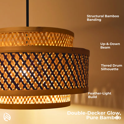 Feature graphic - Double Layer bamboo pendant: structural banding, tiered drum silhouette, up-and-down beam.