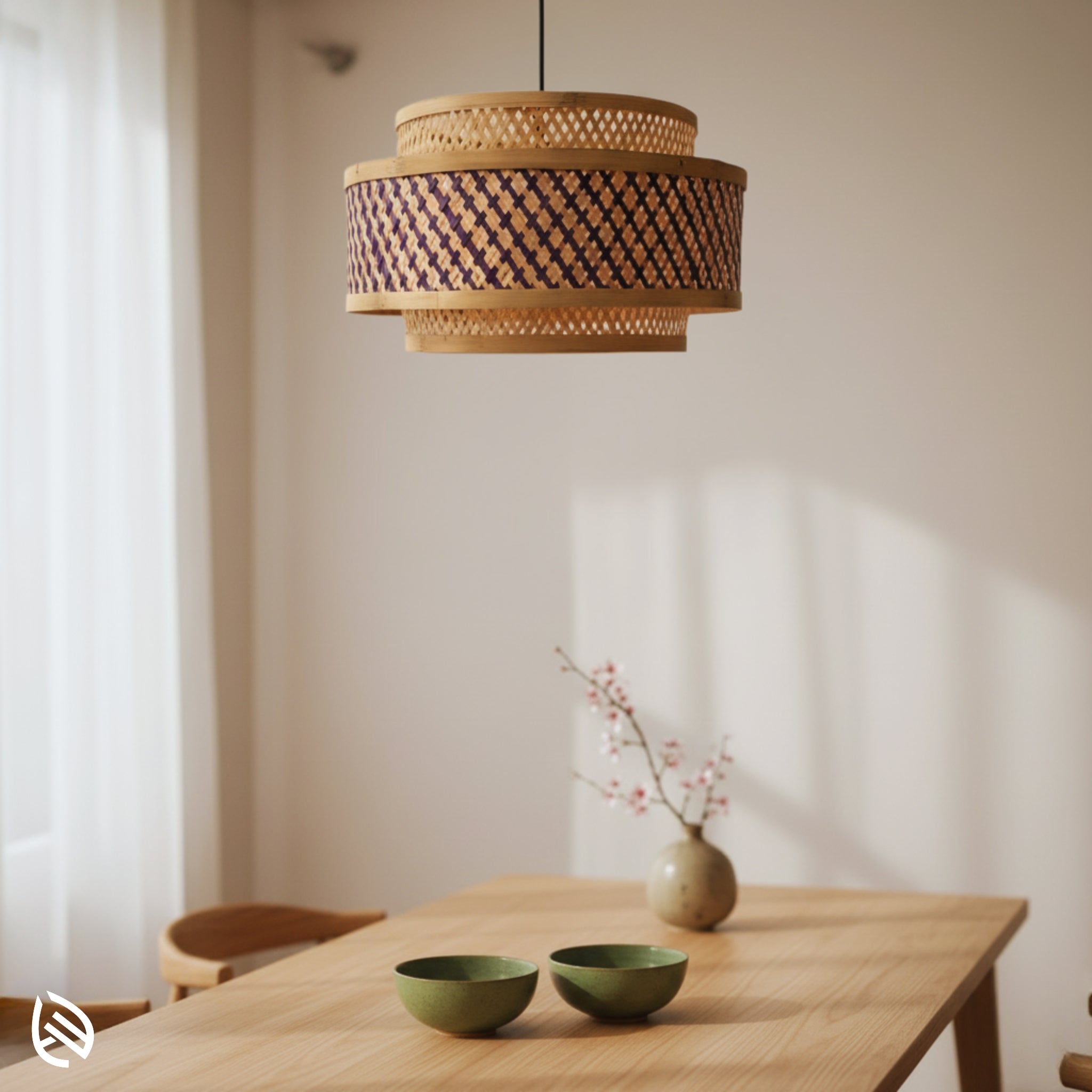Double Layer bamboo pendant over minimalist dining table; tiered cane drum in soft daylight.
