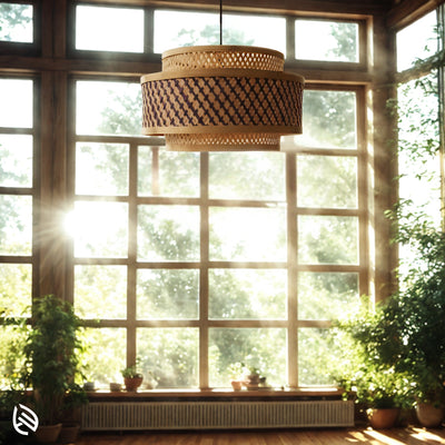 Double Layer bamboo pendant in sunlit room; woven cane lattice drum with greenery and large windows.