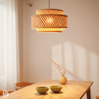 Double Layer dining pendant glowing warmly; cane lattice creates soft ambient patterns on the wall.