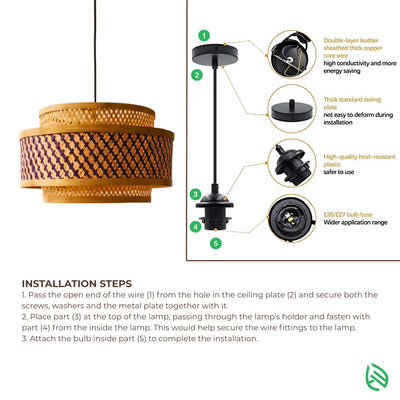 Installation steps infographic - ceiling canopy, cord, and E27/E26 holder assembly for Double Layer pendant.