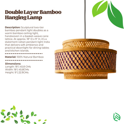 Product card for Double Layer Bamboo Hanging Lamp with material details and description text.