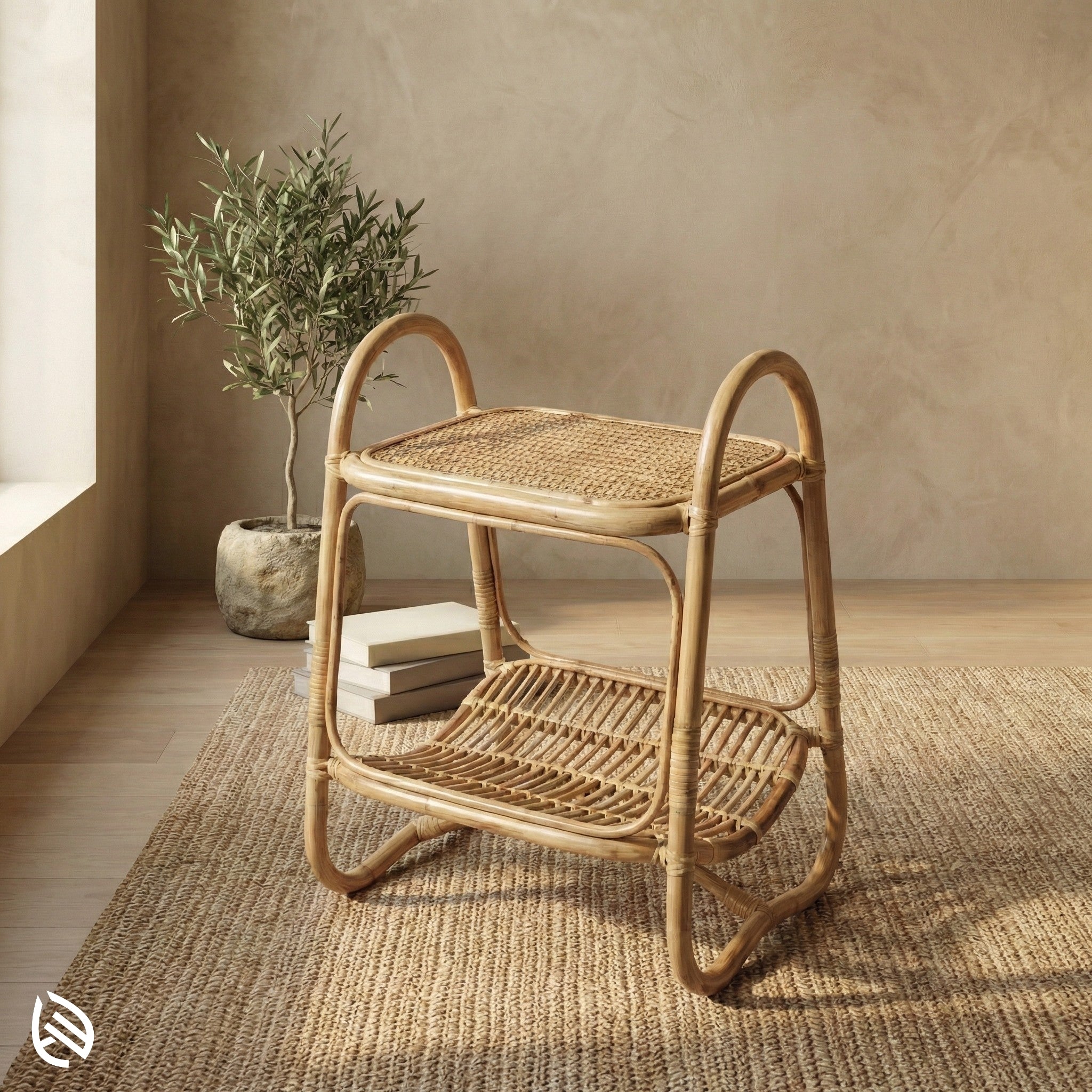 Wicker side table with a plant and books in a room with a neutral color scheme.