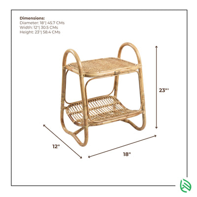 Wicker side table with dimensions labeled on a white background