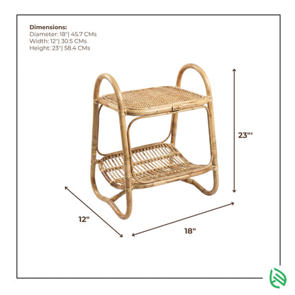 Wicker side table with dimensions labeled on a white background