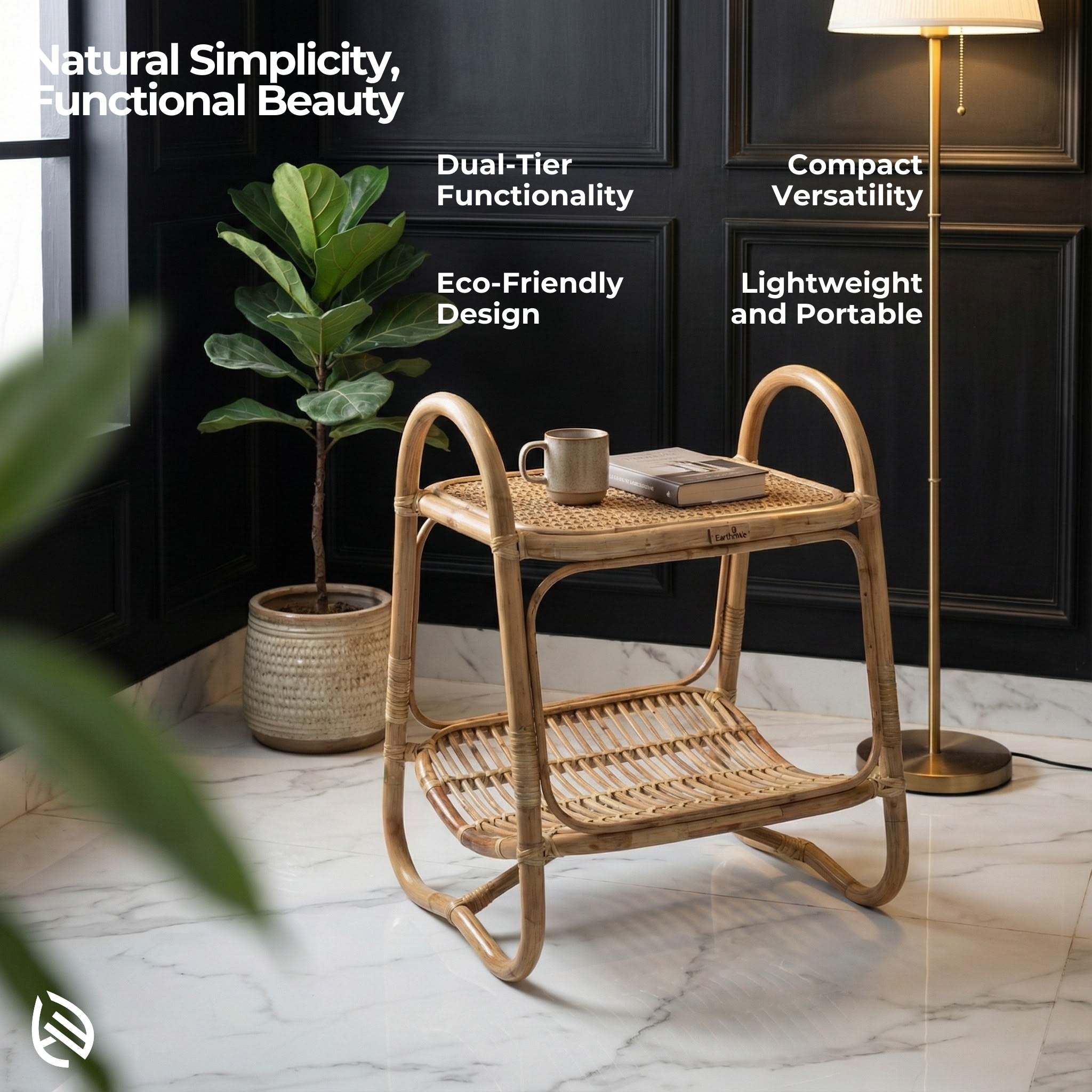 Woven side table with plant and decor items in a modern interior setting