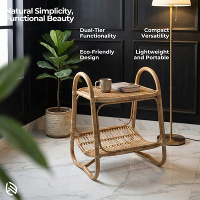 Woven side table with plant and decor items in a modern interior setting