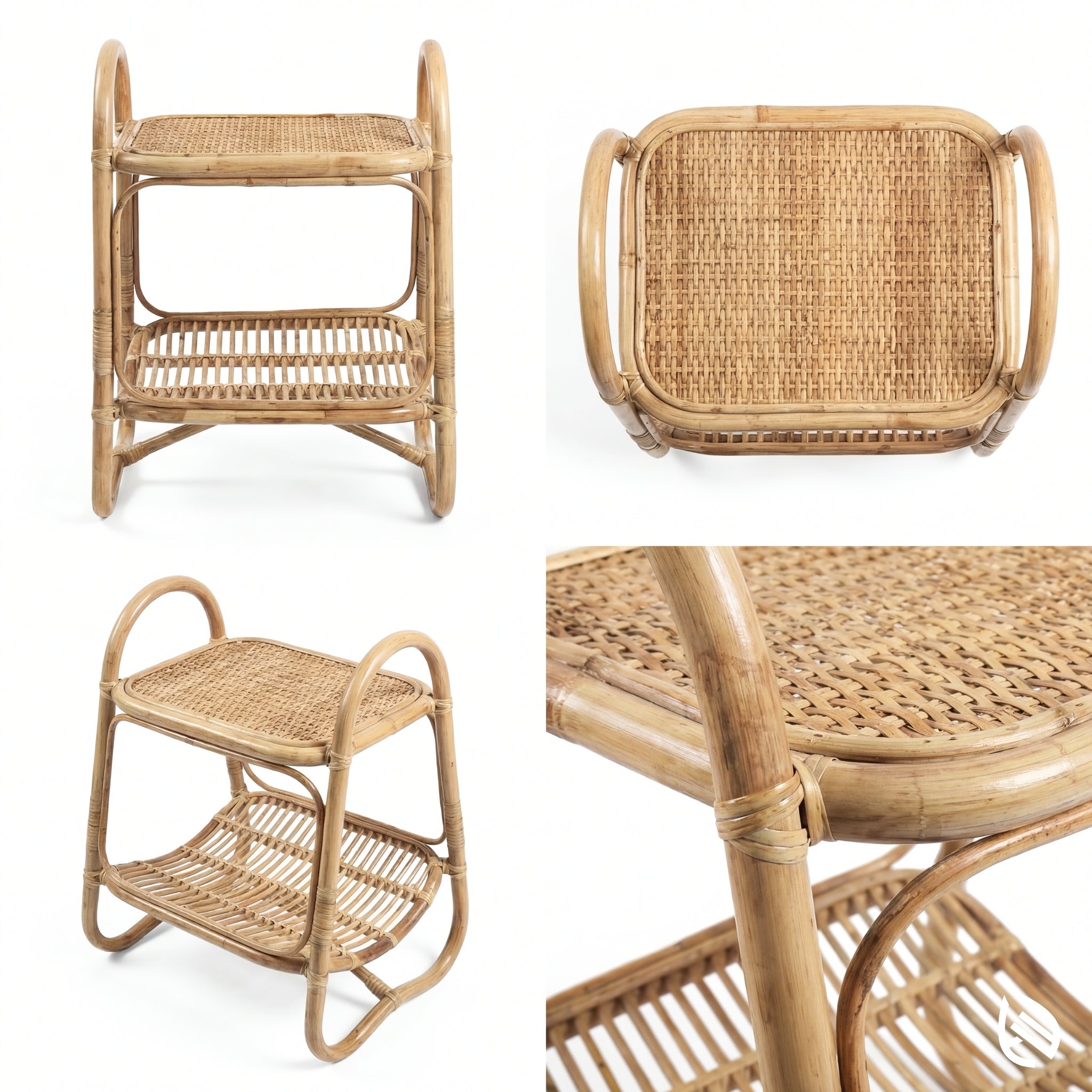 Collage of wicker furniture including a chair, stool, and side table on a white background.