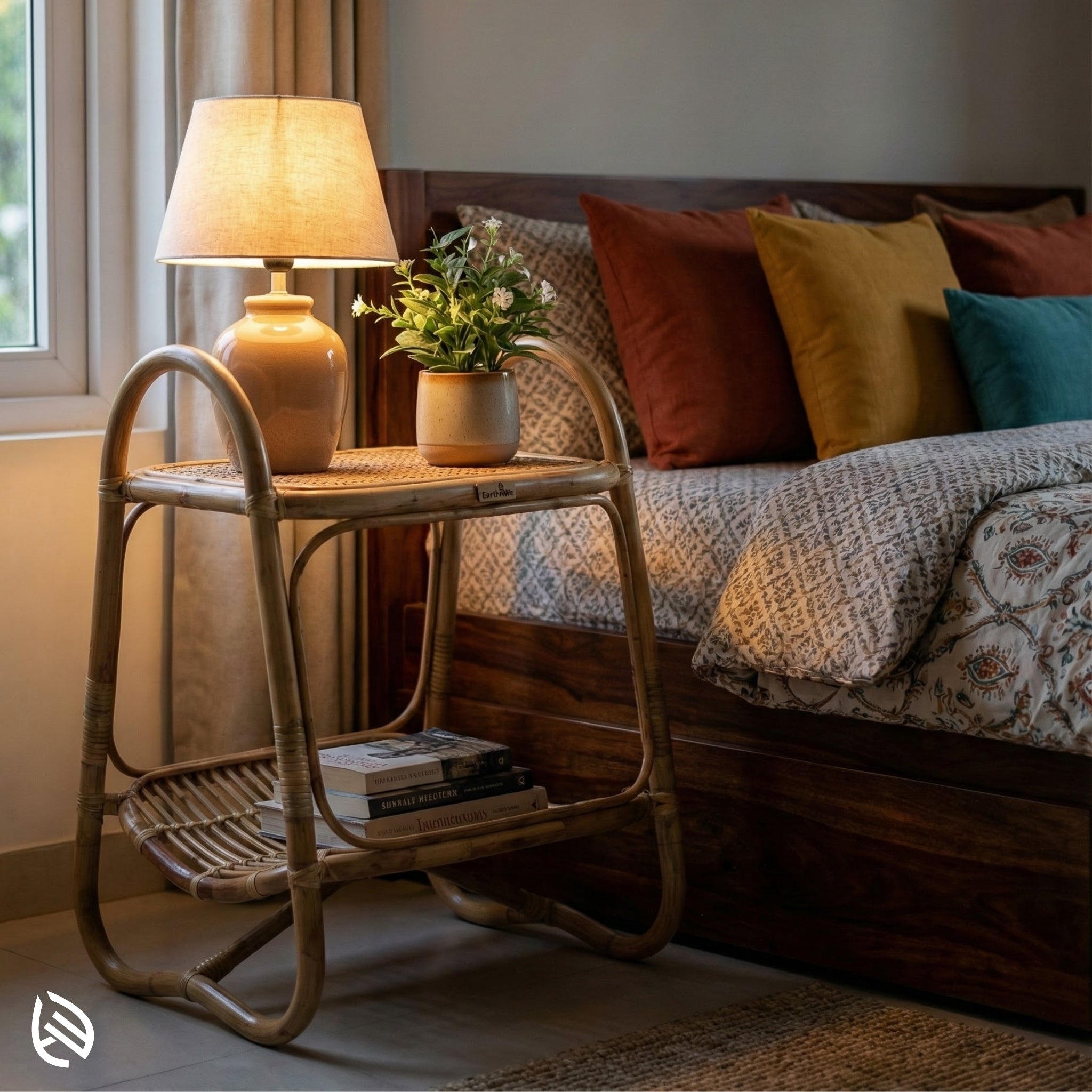 Rattan side table with lamp and books next to a bed with colorful pillows.
