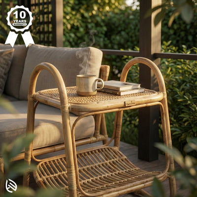 Wicker side table with a mug and book on a patio setting