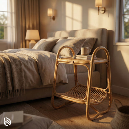 Wicker side table in a bedroom with a bed and lamp in the background