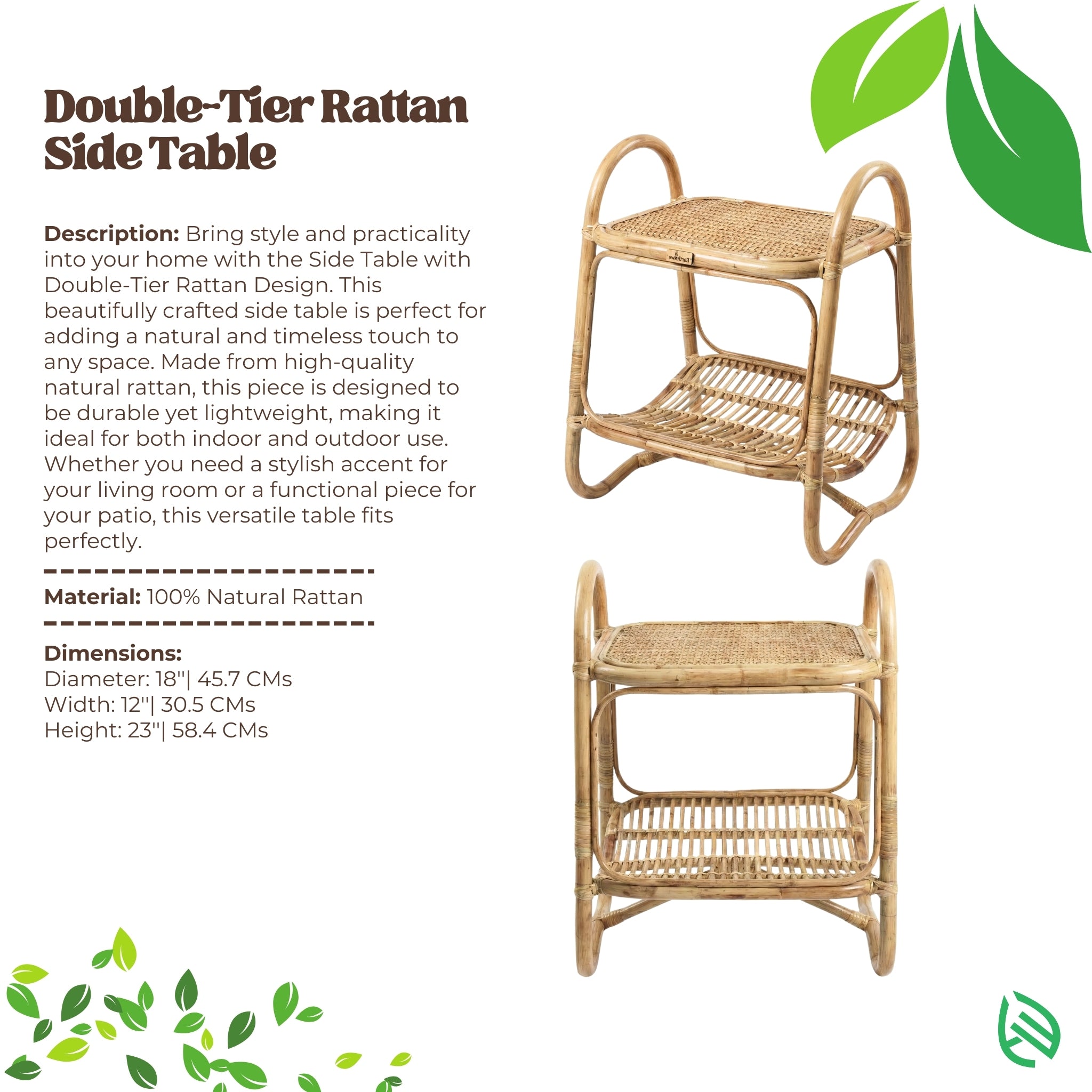 Double-tier rattan side table with product description and specifications on a white background