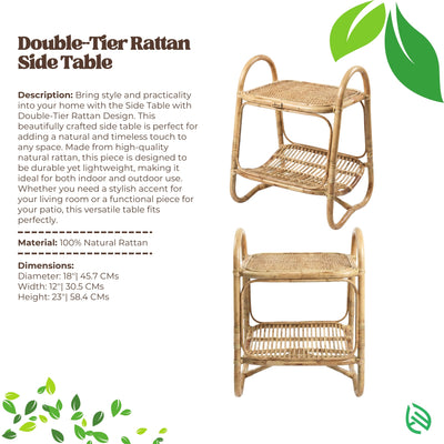 Double-tier rattan side table with product description and specifications on a white background
