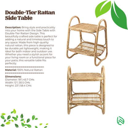 Double-tier rattan side table with product description and specifications on a white background
