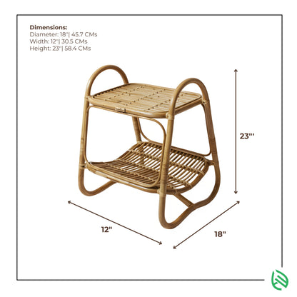 Dimensions diagram for Double Tier Delight Side Table: 18 in L × 12 in W × 23 in H; natural rattan, curved handles, cane top and slatted lower shelf.