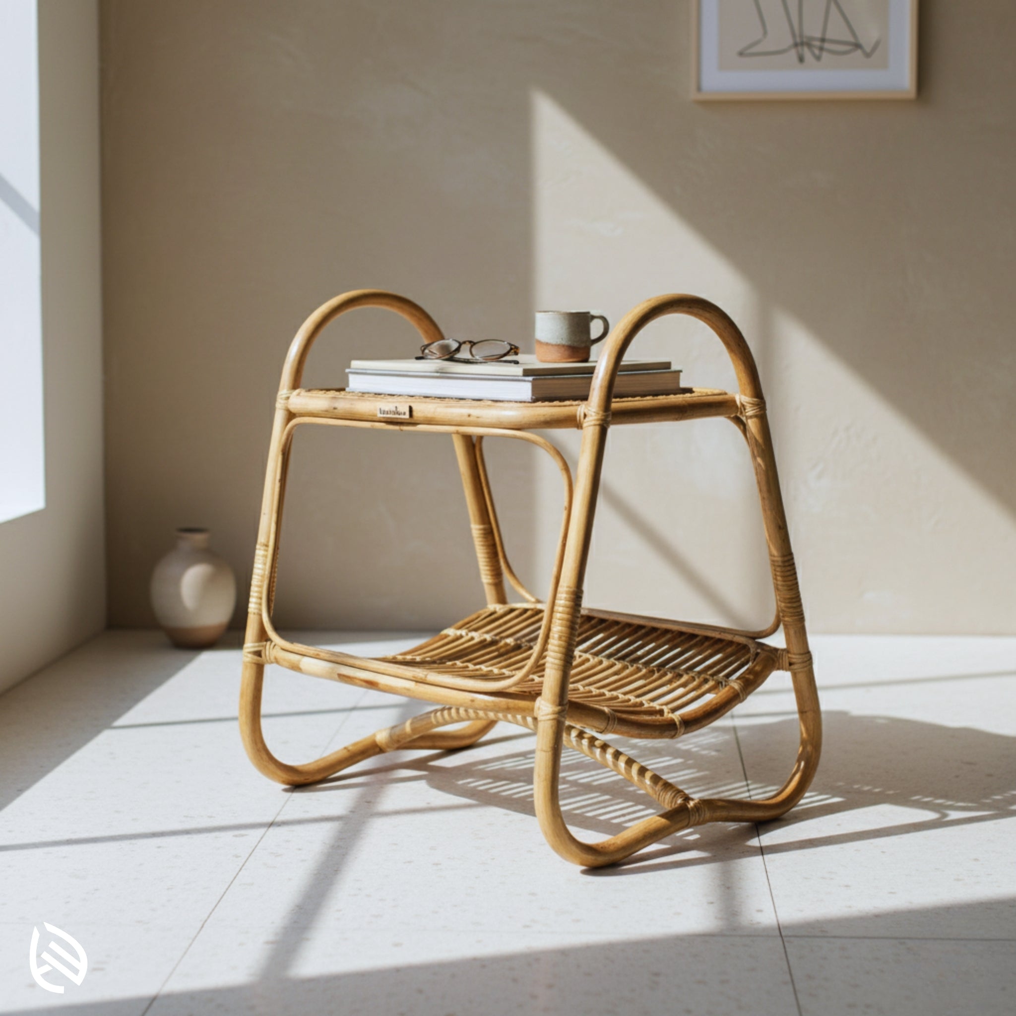 Sunlit corner with Double Tier Delight natural rattan side table - two shelves styled with mug, books, and decor.