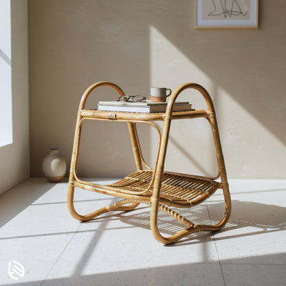 Sunlit corner with Double Tier Delight natural rattan side table - two shelves styled with mug, books, and decor.