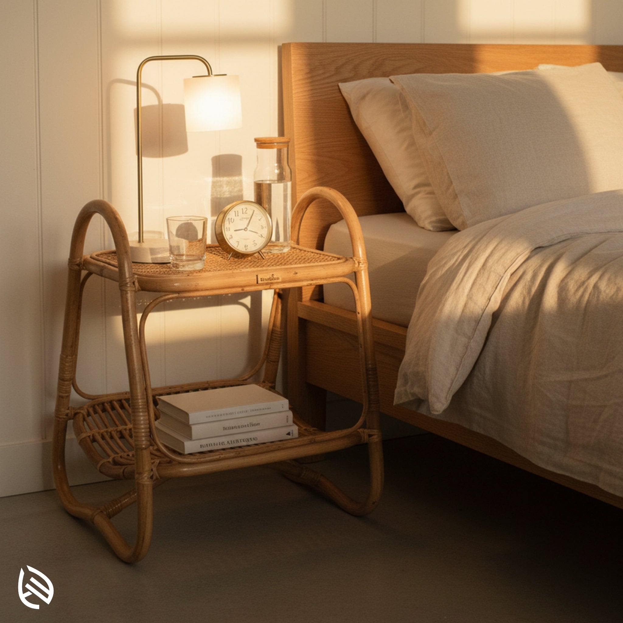 Bedside setup featuring the Double Tier Delight Side Table - handwoven rattan nightstand with cane top and storage shelf.