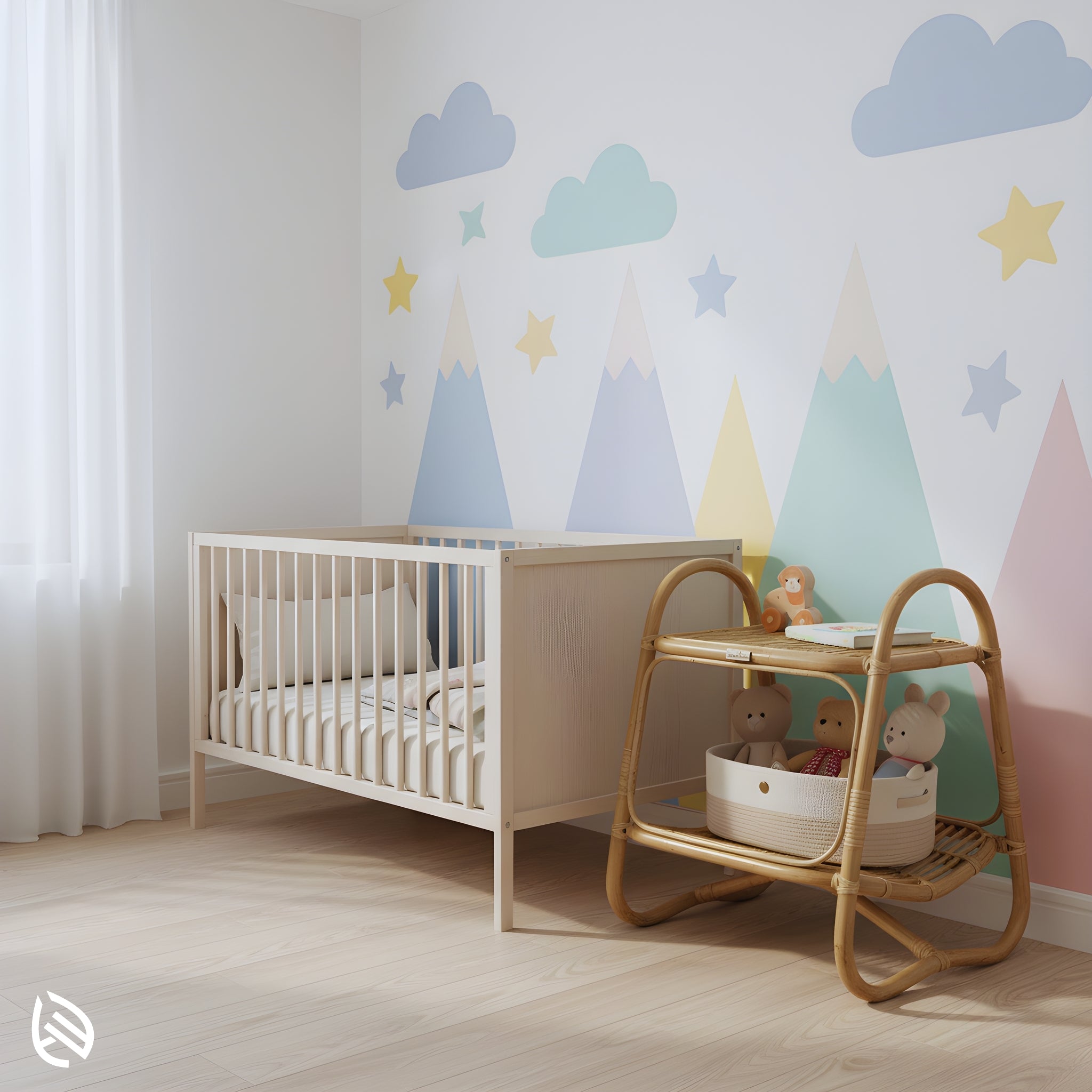 Nursery scene with Double Tier Delight natural rattan side table - two-tier storage beside crib for toys and books.