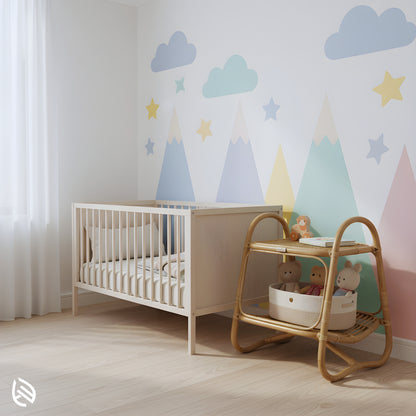 Nursery scene with Double Tier Delight natural rattan side table - two-tier storage beside crib for toys and books.