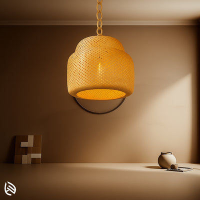Double-layered handcrafted bamboo hanging lamp with soft ambient glow in a modern minimalist living room