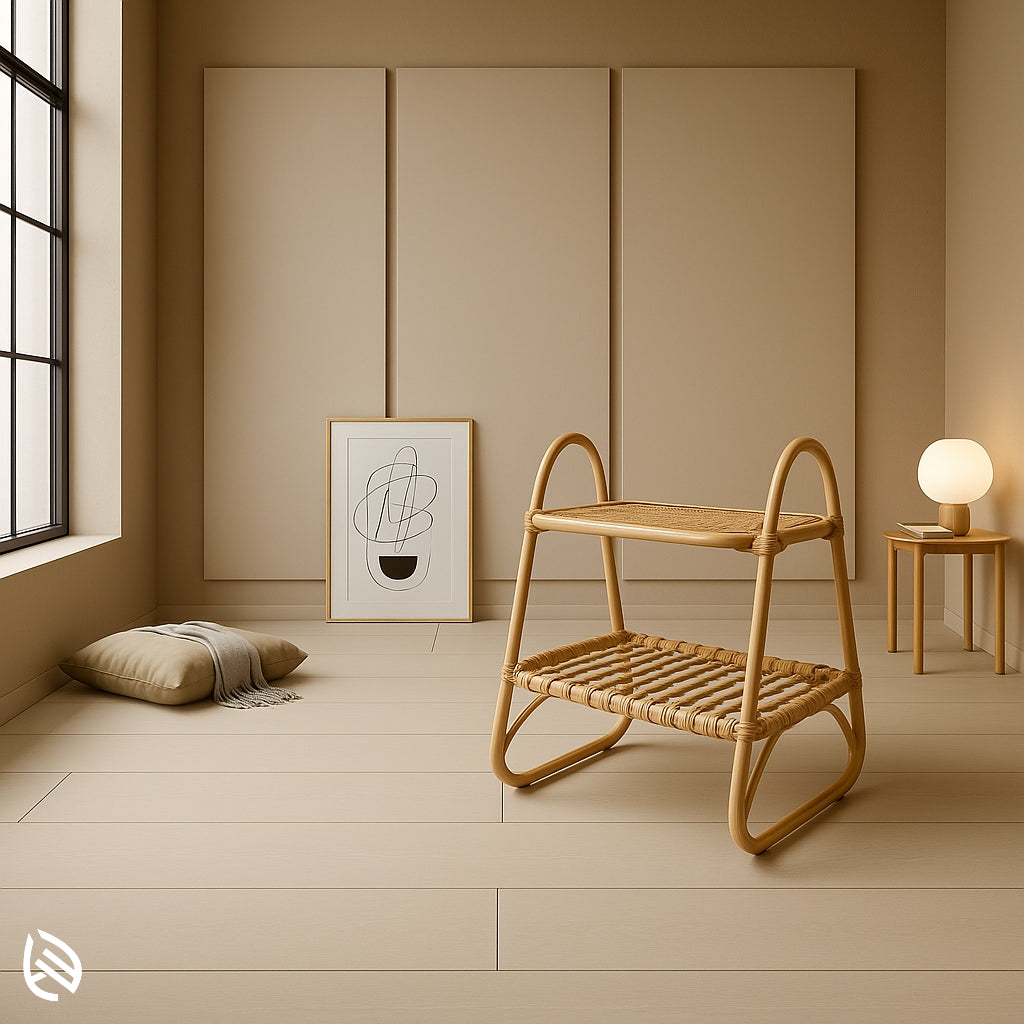 Two-tier rattan side table with arched frame and cane weave, ideal for bedside or sofa corner setups