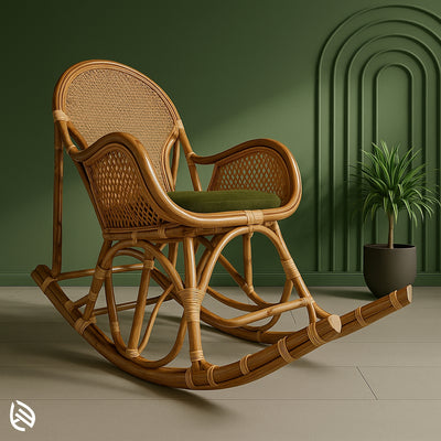 Vintage rattan rocking chair with dark green cushion and arched frame design