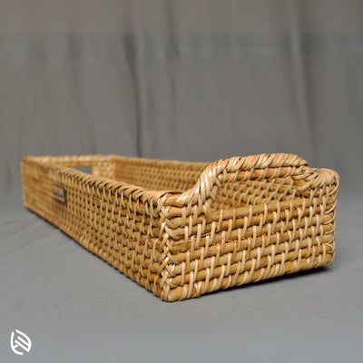 Aura Carry rattan serving tray – natural handwoven tray with dual arched handles, front view