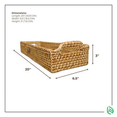 Overhead view of empty handwoven rattan tray – sustainable rectangular tray with dip-belly shape