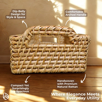 Detailed side profile of EarthNwe Aura Carry tray – showcasing tight rattan weave and ergonomic handle