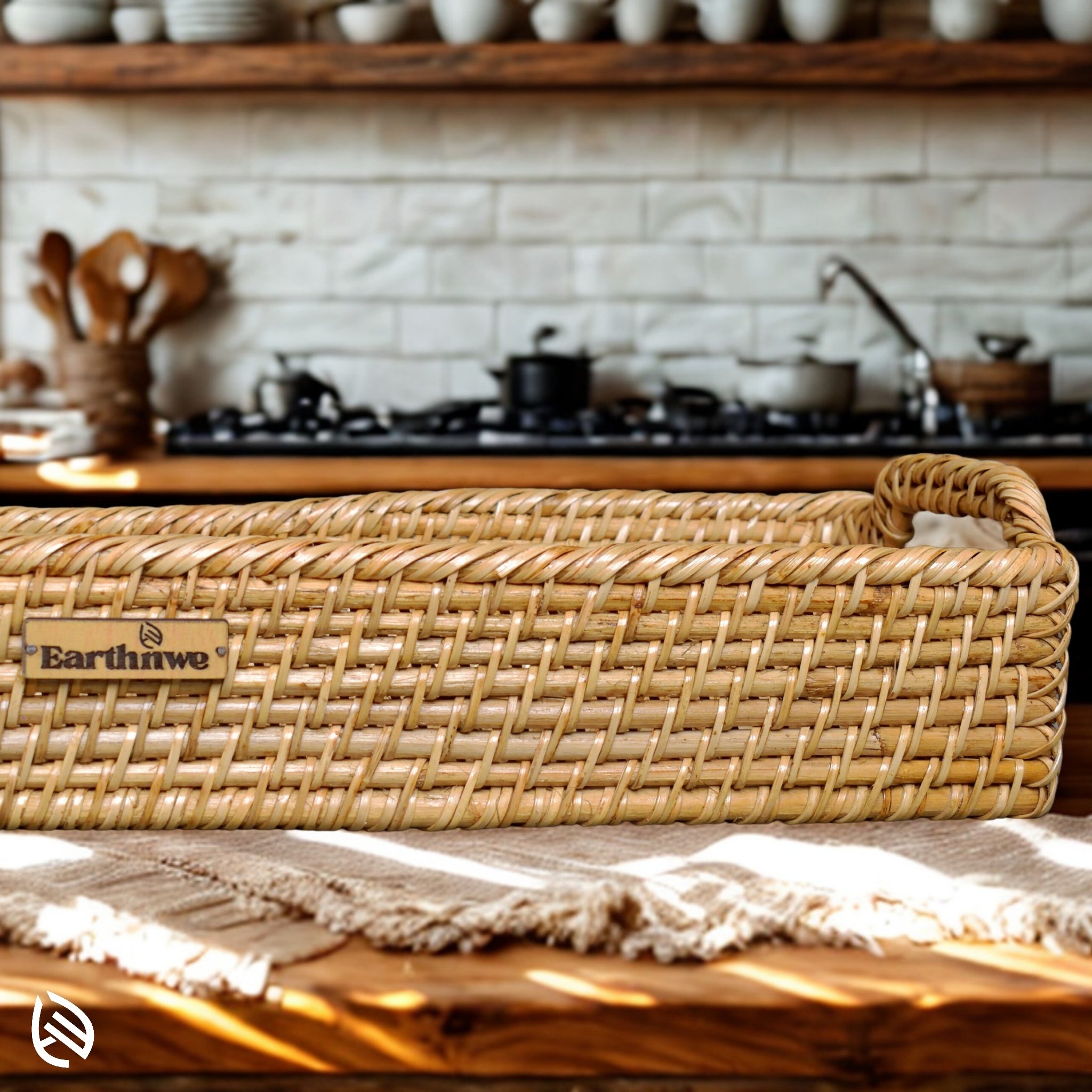 Handwoven rattan tray with fruits – compact rectangular tray ideal for Indian home decor and serving