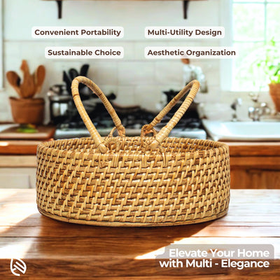 Eco-friendly rattan tray with handles in kitchen setup