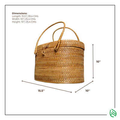 Top-down diagram of Borough rattan utility basket with width, height, and length markers