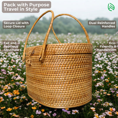 Borough rattan basket in wildflower field with text labels highlighting key features