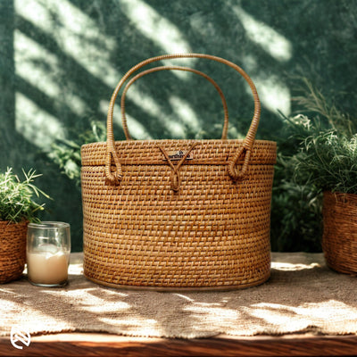 EarthNWe Borough rattan basket styled with candle and plants on a rustic jute table runner