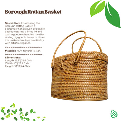 Borough rattan basket size chart with labeled dimensions and white studio background