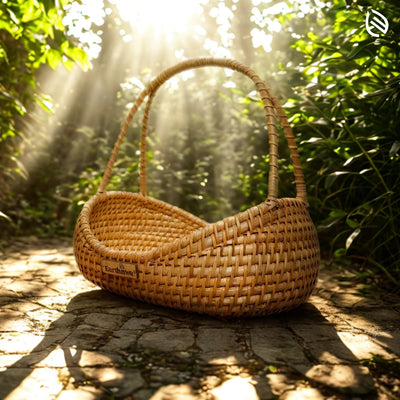 Lifestyle shot of Breezy Bin rattan basket in sunlit Indian garden setting