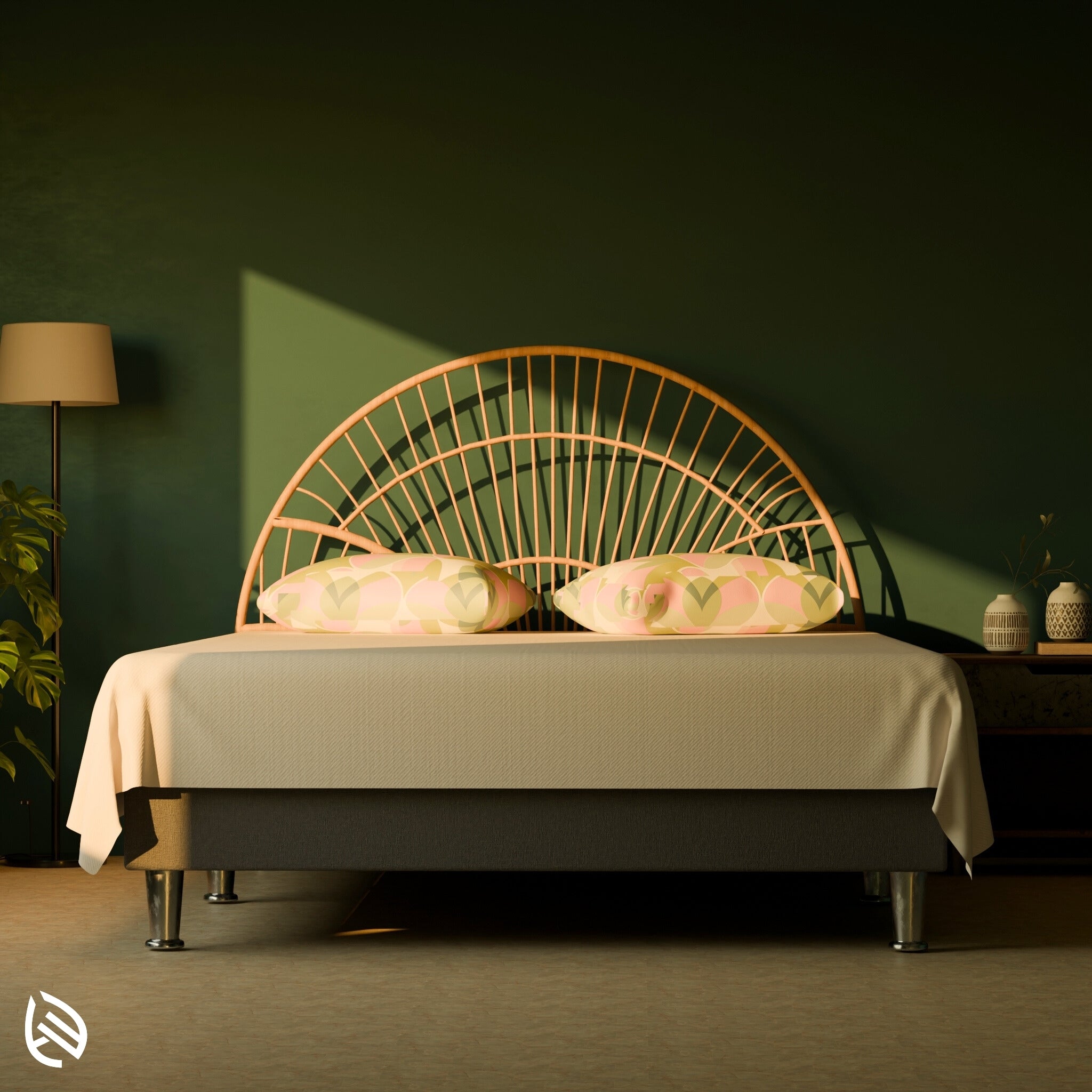 CasaWave Rattan Headboard with arched sunburst design in modern bedroom
