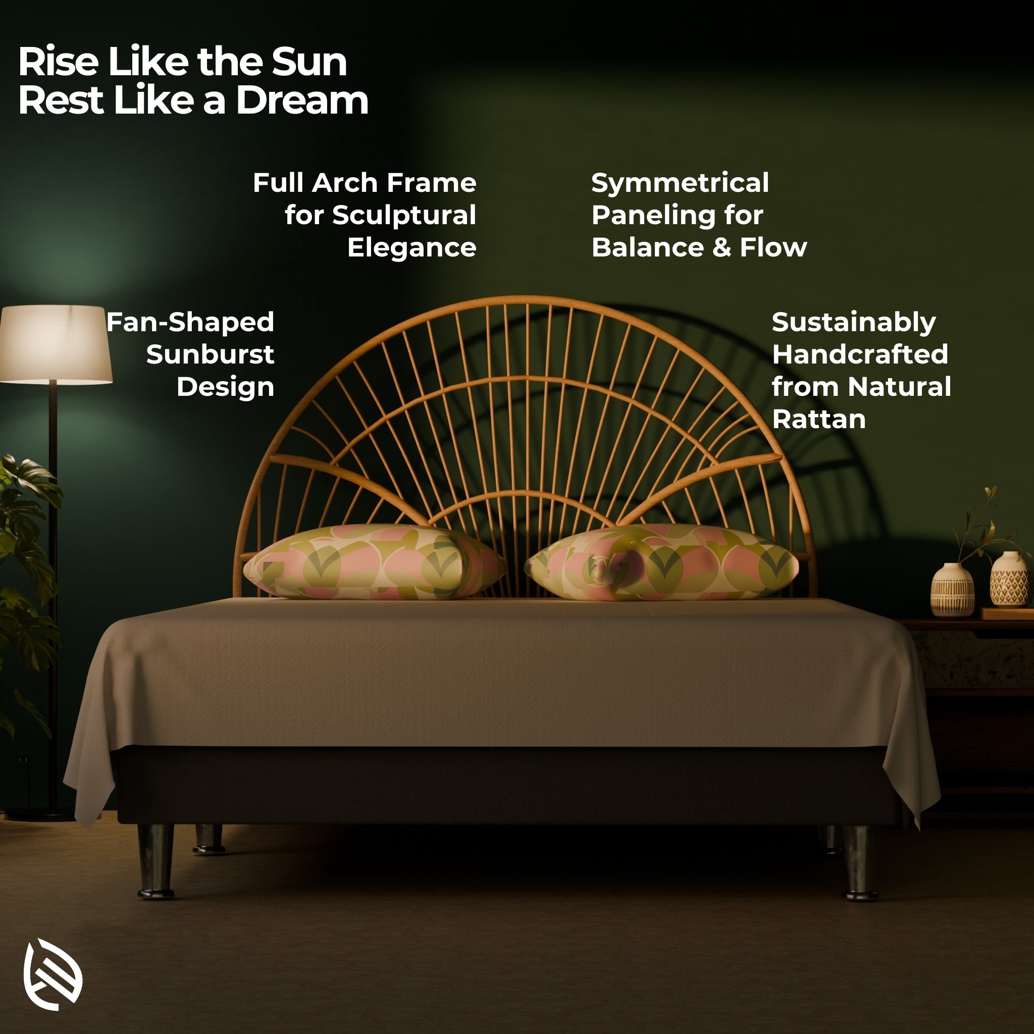 CasaWave Headboard features: full arch, sunburst design, handcrafted from natural rattan