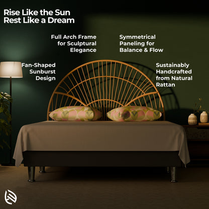 CasaWave Headboard features: full arch, sunburst design, handcrafted from natural rattan