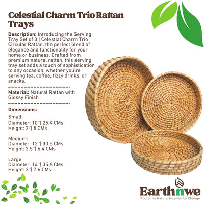 Serving tray set of 3 circular rattan