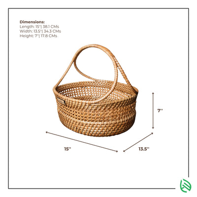 Natural rattan basket full-view with EarthNWe logo tag and dimensions
