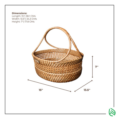 Natural rattan basket full-view with EarthNWe logo tag and dimensions