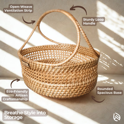Detailed images of open-weave band and rounded basket base